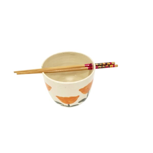 Leafbud Blooming Ramen Bowl with hand-painted orange florals and chopsticks across the rim