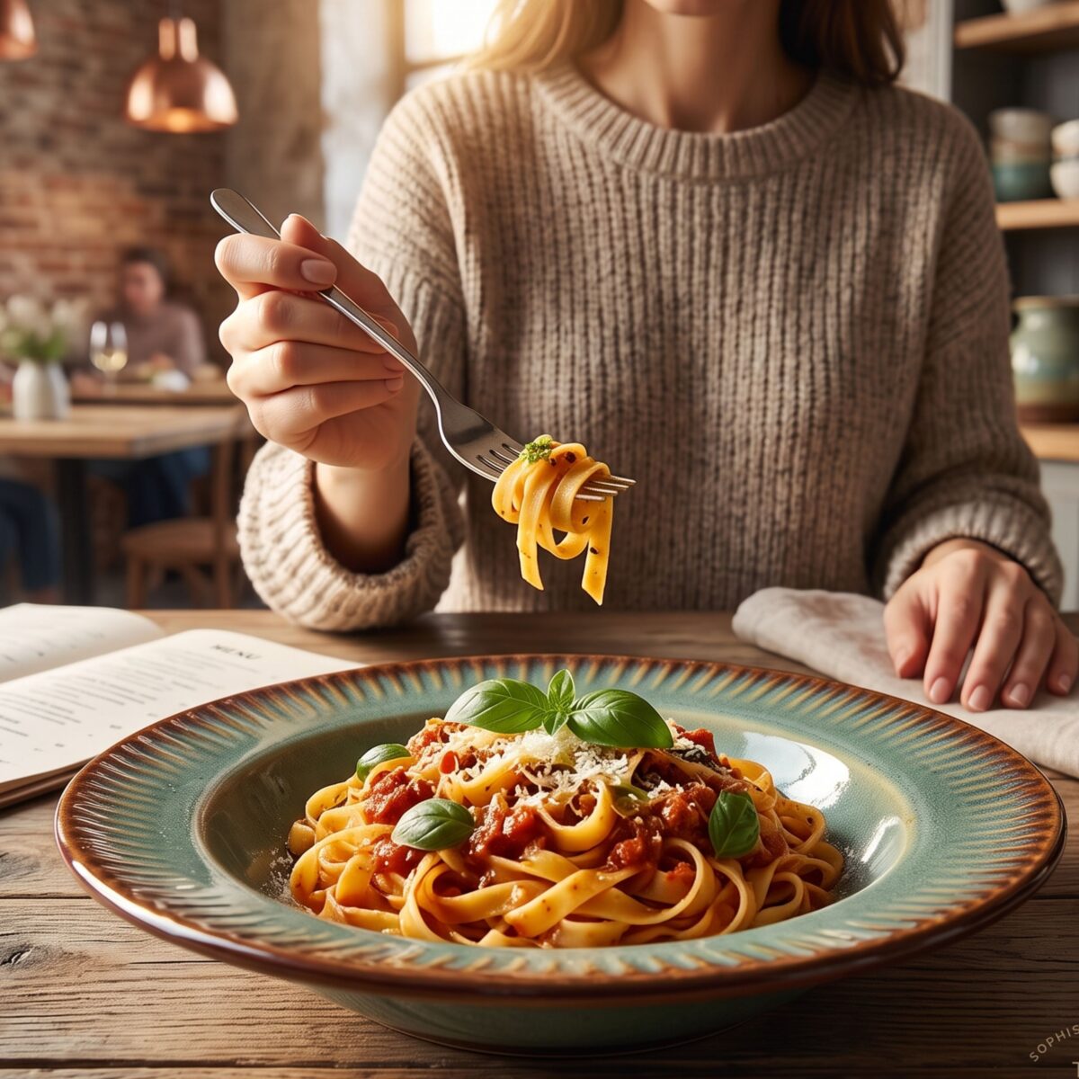 Pasta served on a Leafbud Verde Sunburst Pasta Plate