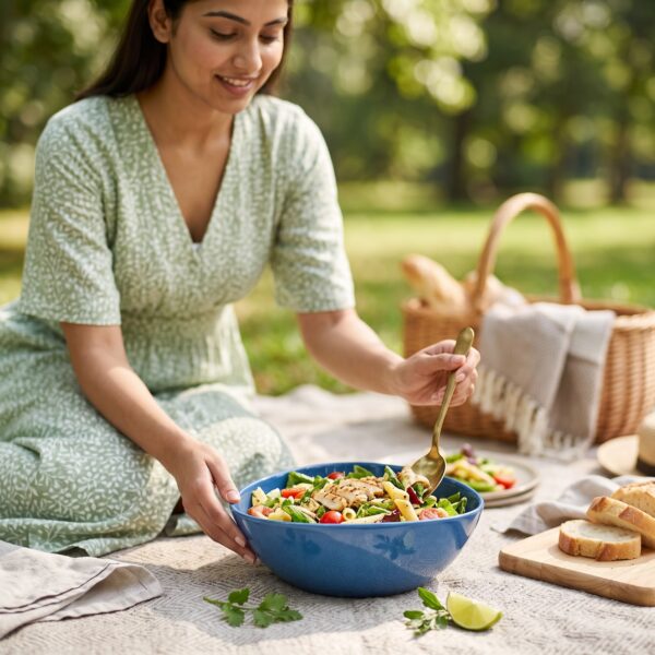 A Leafbud Azure Tria serving bowl at a picnic