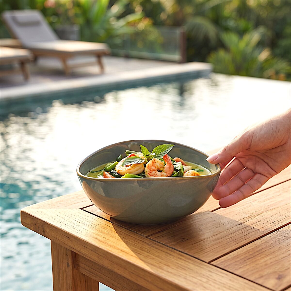 A Leafbud Sage Tria Serving Bowl by a resort pool