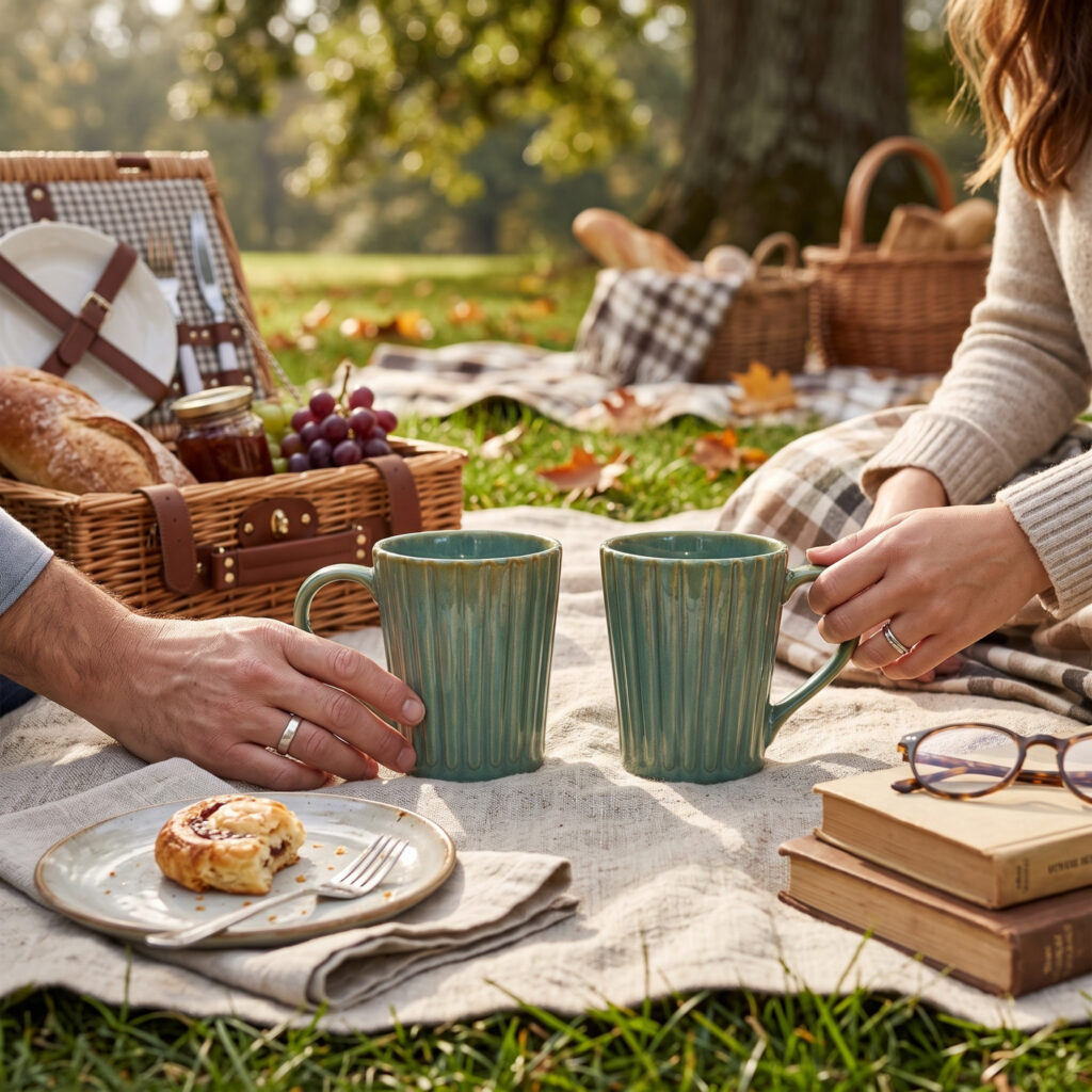 Leafbud Sage Ribbed Mugs served at a picnic