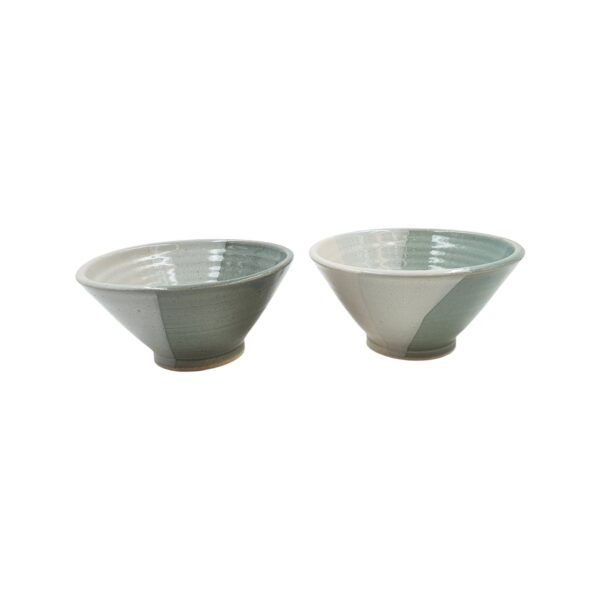 Two Leafbud Twain Forest wok bowls in a green and white glaze