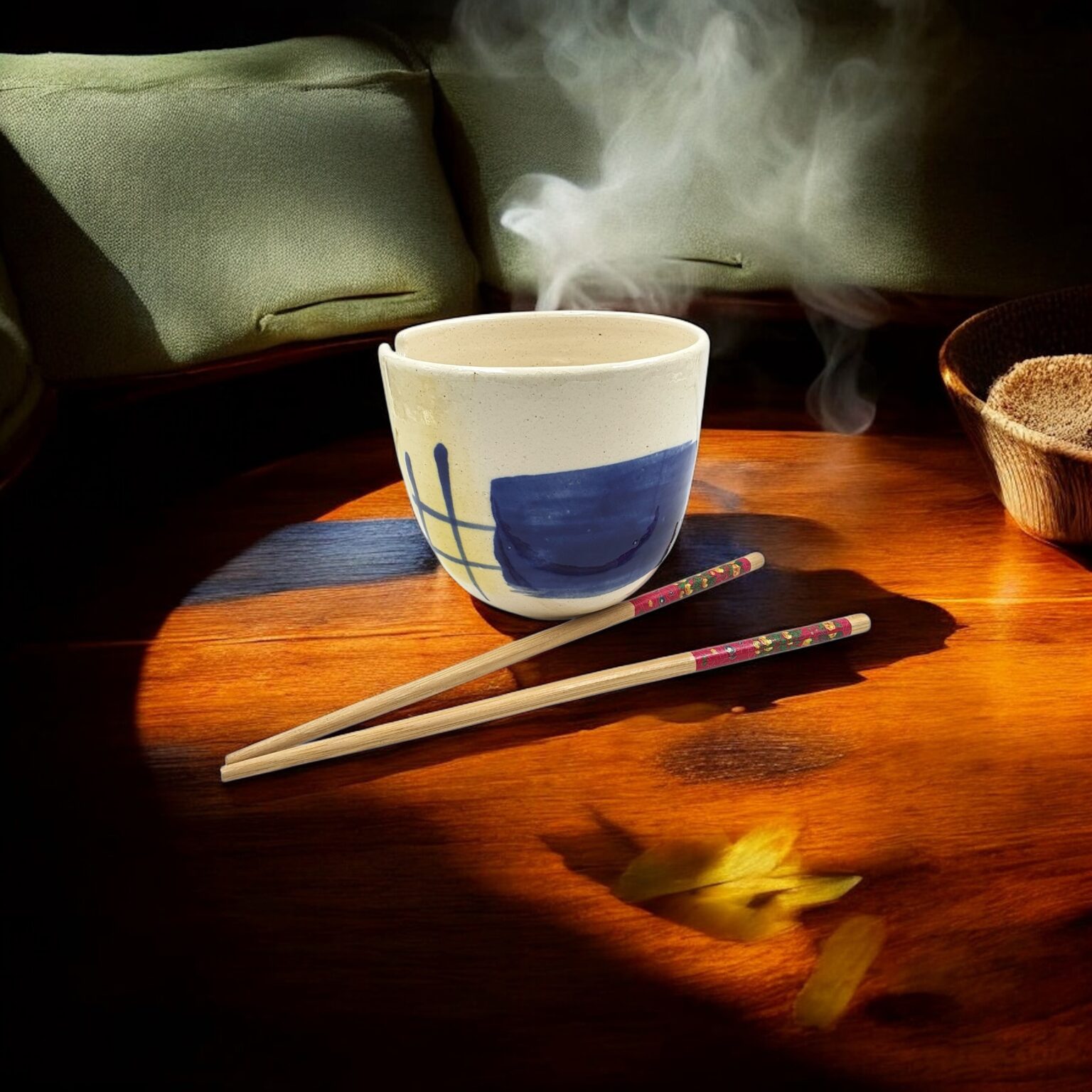 Steam rising from the Leafbud Whispers ramen bowl on a sunlit wooden table, with chopsticks resting beside it