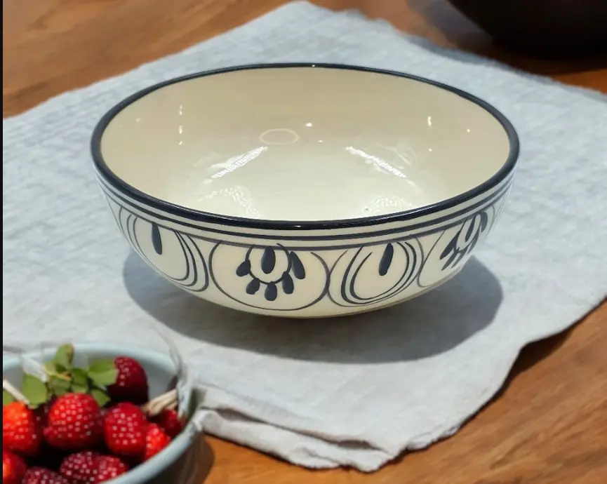 Hand-painted Blockart ceramic serving bowl with minimal black patterns – Leafbud