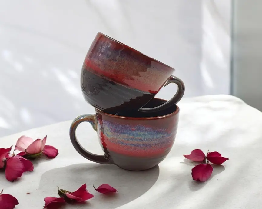 Crimson Glow handcrafted ceramic cups with rich red glaze by Leafbud